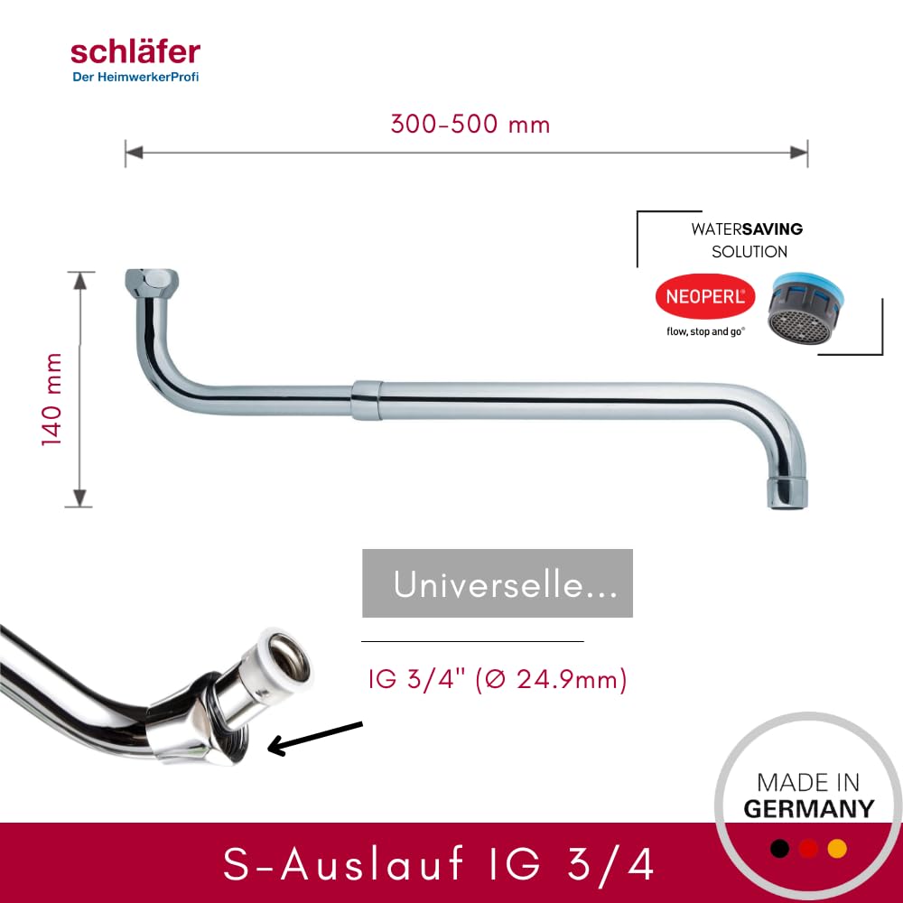 Schläfer 401010 | Caño extensible en S para grifo de pared - 300-500 mm - Caño en S con regulador de chorro Neoperl - Caño giratorio para batería de pared - Cubierta IG3/4 - Latón cromado