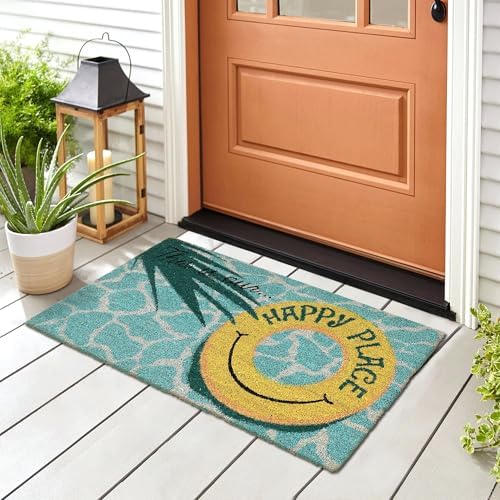 Liora Manne Natura Doormat Non-Slip Natural Fiber Outdoor Mat-Decorative, This is Our Happy Place Aqua 1'6" x 2'6"