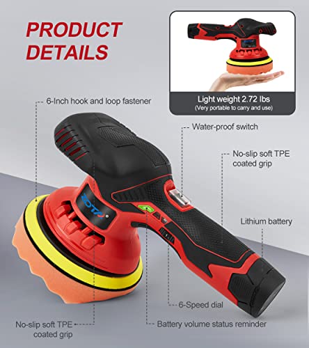 Zota Cordless Buffer Polisher For Car,6 Inch 2Pcs 12V/2.0Ah Lithium Rechargeable Battery Cordless Polisher With 6 Variable Speed,Quiet Orbital Car Buffers And Polishers Kit. #TOP5