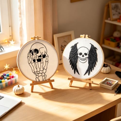 Image of Skull Halloween Embroidery Kits for Beginners Adults, Gothic Embroidery Sets Needlepoint Kits, Halloween Stamped Cross Stitch Kits for Beginners Adults, 2 Embroidery Hoops (Attached Video Tutorial)