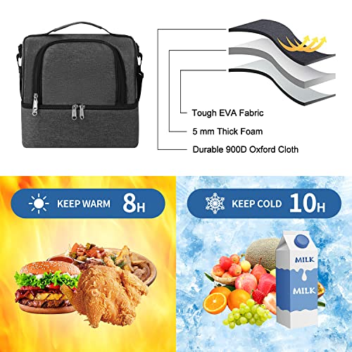 Hanklph Double Layer Lunch Box For Women/Men, Insulated Lunch Bag Large Adults, Reusable Lunchbox Cooler Bag，Suitable For Work Picnic Hiking Beach (Grey) #TOP3