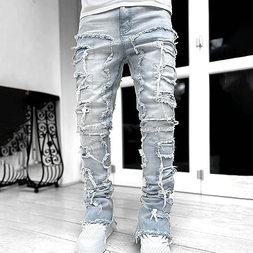 Uillui Men's Patch Ripped Stretch Biker Jeans Fashion Distressed Patchwork Slim Fit Skinny Motorcycle Denim Pants Streetwear2
