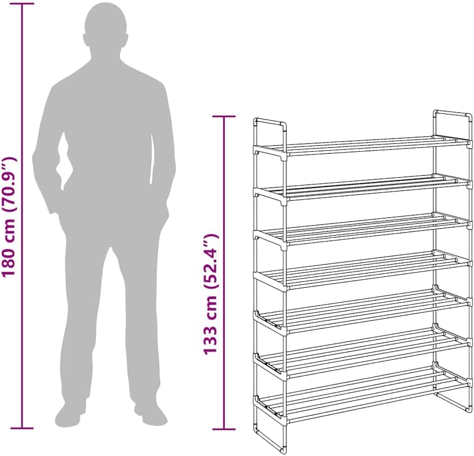 vidaXL Black Shoe Rack - 7-Shelves Organization Solution, Lightweight Metal and Plastic, Slim Design Ideal for Bedroom, Hall, Entryway
