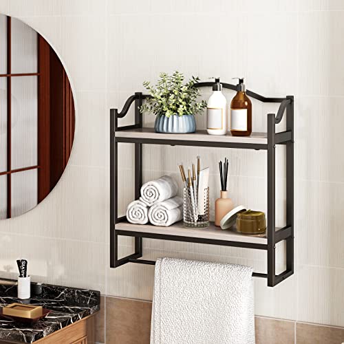 Dr.iron Industrial Bathroom Shelves Over Toilet,Wall Shelves For Bathroom Decor Towel Racks With Towel Holder,2 Tier Bathroom Shelves With Towel Bar(Black Bracket & Gray Shelves) #TOP4