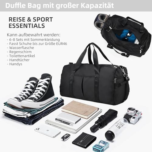 DAYGOS Sporttasche Herren, Reisetasche mit Schuhfach & Nassfach, Wasserdicht 40L Sporttaschen Sportbeutel Schwimmtasche Trainingstasche für Sport, Gym & Fitness, Weekender Reisen Duffel Bag (Schwarz)