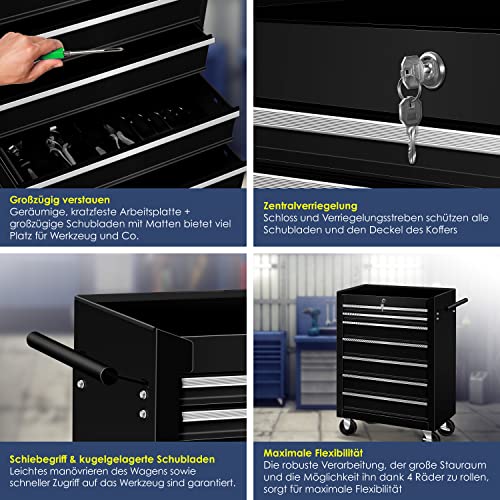 Masko® Werkstattwagen - 7 Schubladen, schwarz,Abschließbar,Massives Metall | Mobiler Werkzeug-Wagen ohne Werkzeug | Profi Werkstatt-unbestückt| Rollwagen zur Werkzeugaufbewahrung mit Schloss – Bild 5