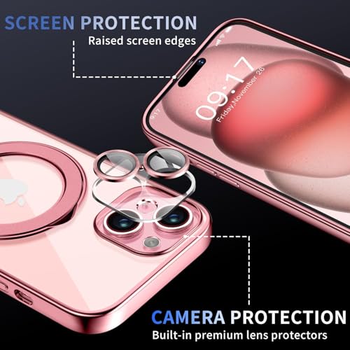 Image of Magnetic for iPhone 15 Plus Case with Invisible Stand[Compatible with MagSafe][Full Camera Lens Protector][Military Drop Protection] Shockproof Not Yellowing Clear Slim Soft for Women Men