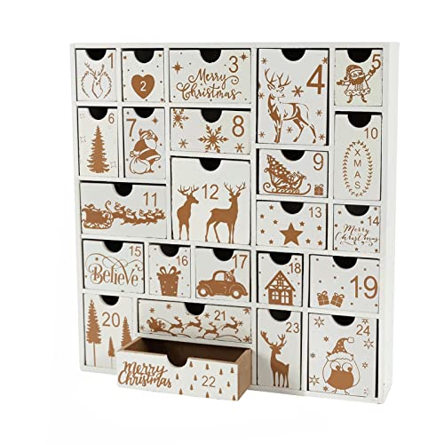 hegang Calendrier de l'Avent de Noël 2022 - Calendrier de Noël en bois - Décorations de table - 24 jours de l'Avent à faire soi-même - Boîte cadeau pour enfants garçons et filles blanc Cover