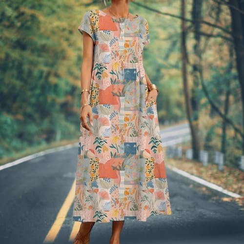 Cotton T Shirt Dresses for Women Cap Sleeve Crewneck Empire Waist Flowy Swing Summer Casual Long Maxi Smocked Dress - Image 2