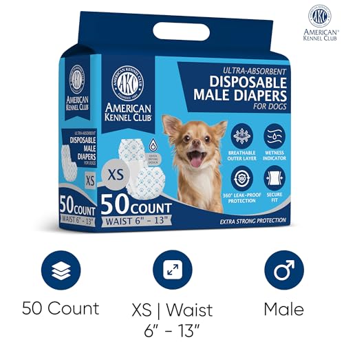 Image of American Kennel Club Male Dog Wrap, Disposable Diapers with Wetness Indicator, X-Small, 50 Count (Pack of 6)