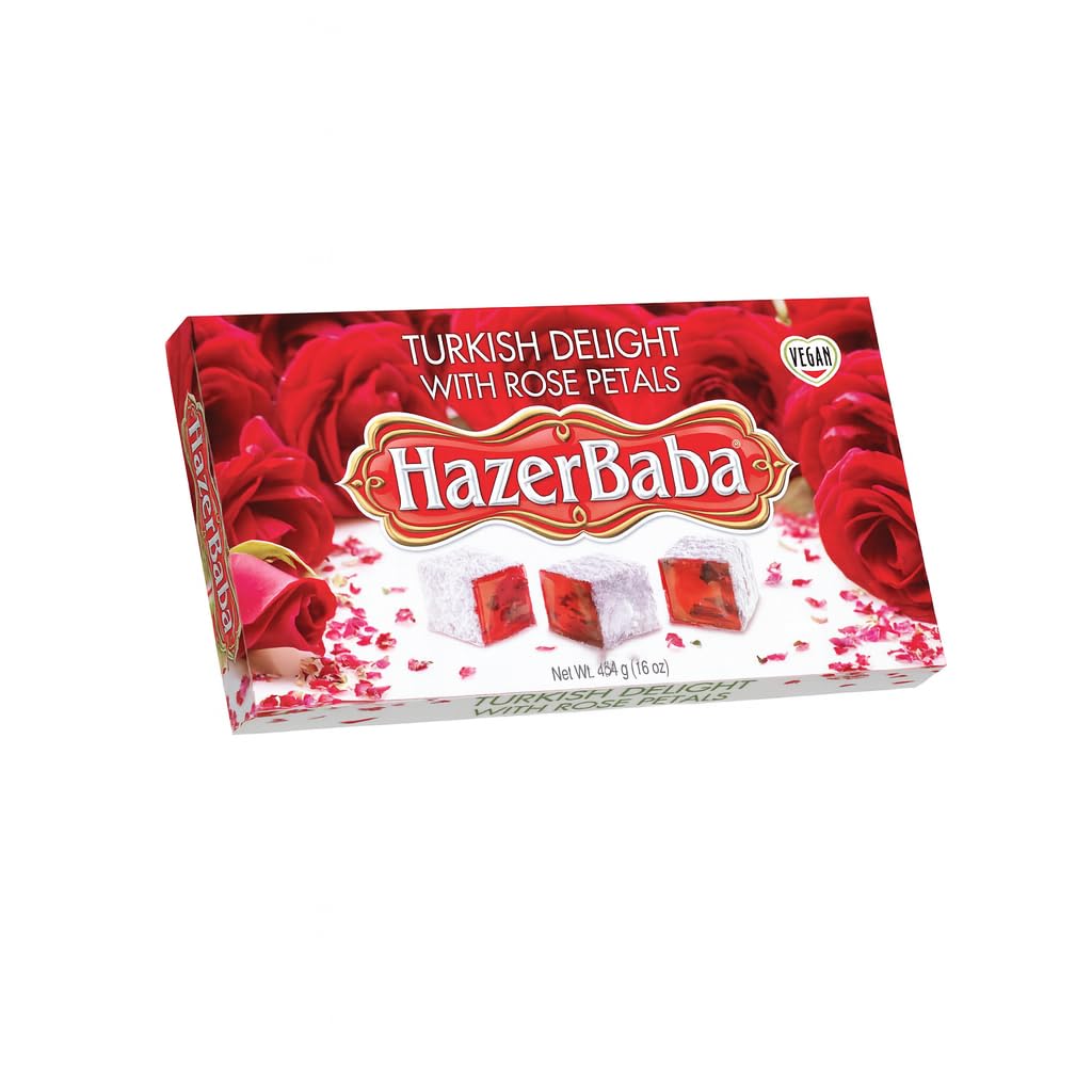 Hazer Baba Turkish Delight Candy with Rose Petals, Gourmet Snack Box, Traditional, Vegan Snack, Turkish Lokum, Unique Sweets, Loukumi, Delicias Turcas, Halal, Kosher, 16oz (454g)