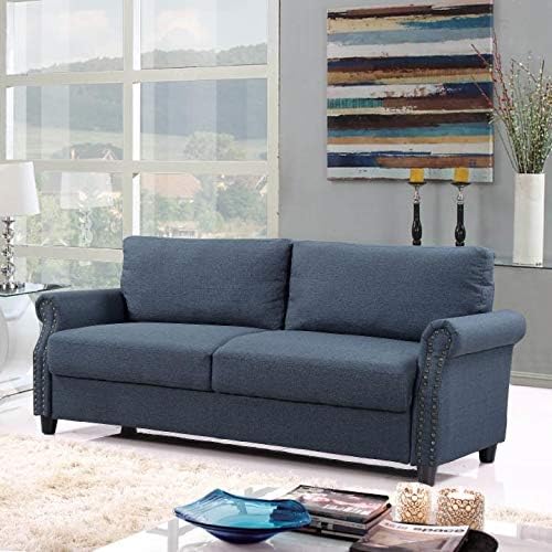 Classic Living Room Linen Sofa with Nailhead Trim Furniture with Storage (Blue)