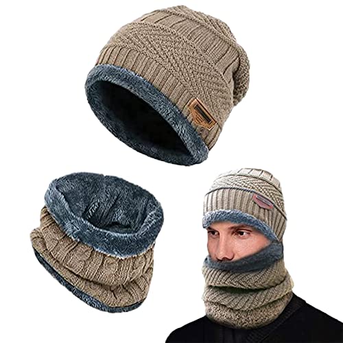 AOMAIGAD Invierno Beanie,Gorro de Invierno para Hombres y Mujeres Bufanda Cálida, Conjunto Gorro y Bufanda de Punto 2 en 1, Gorro de Punto, Sombreros Cálidos de Invierno (Caqui)