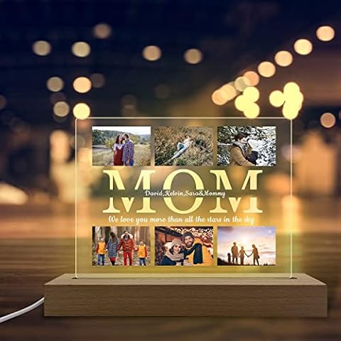Personalized MOM Night Light with Multi-Photo Custom Engraved Text & Names Led Frames Lamp Acrylic Album Plaque Decor Gifts for Bedroom Mother's Day Cover