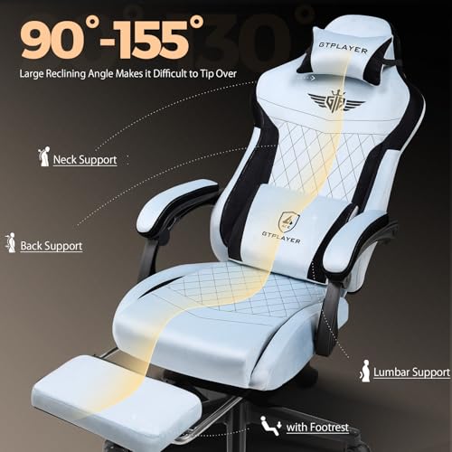Image of GTPLAYER Gaming Chair with Footrest, Big and Tall Game Chair High Back Computer Office Chair with Lumbar Support for Adults, Ergonomic Swivel Games Chair with Cushion Gaming, Fabric Light Blue
