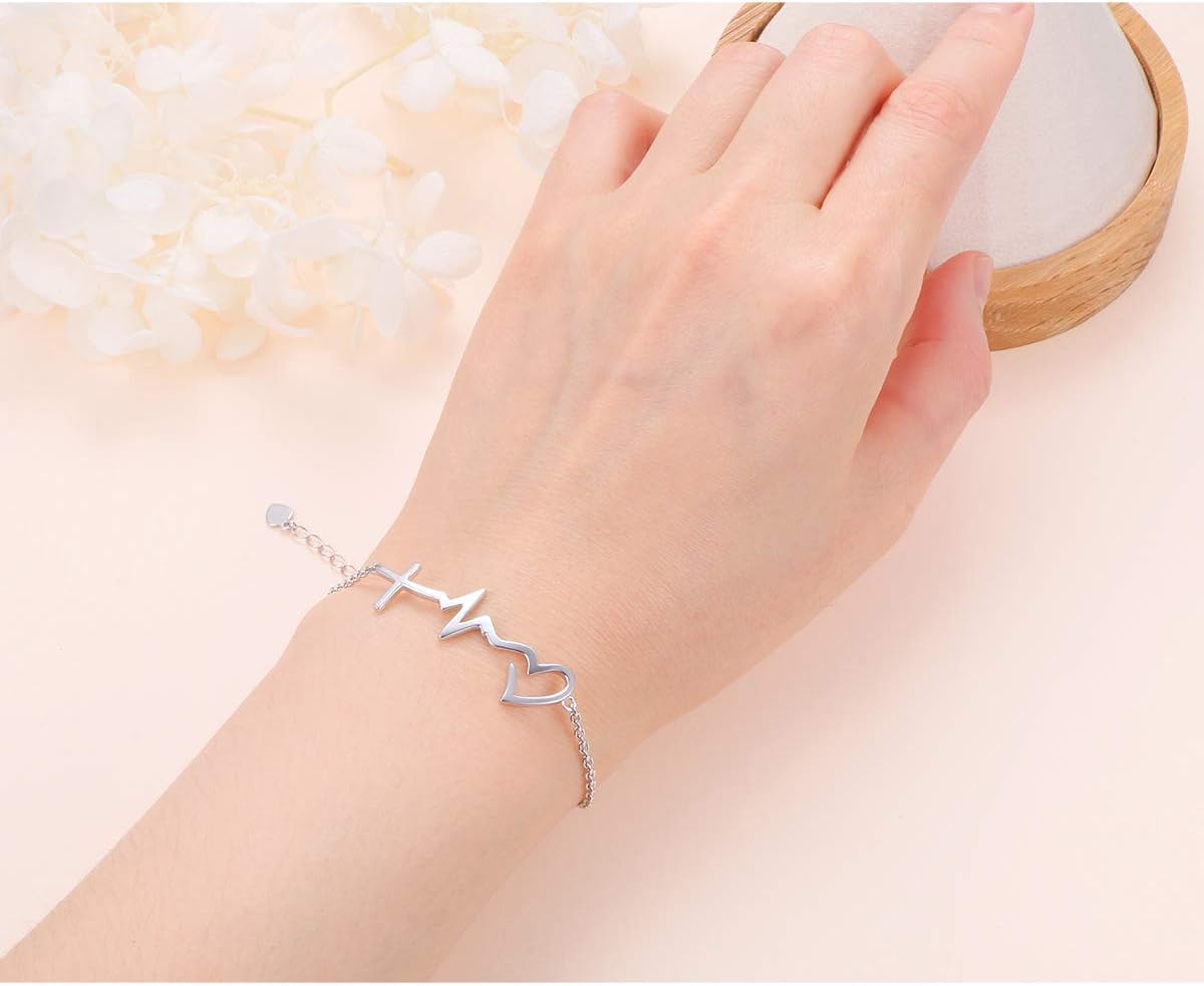 S925 Sterling Silver Faith Hope Love Cross Lifeline Heart Pendant Necklace Bracelet Christian Jewelry Gifts for Women Birthday Gift Easter Gift