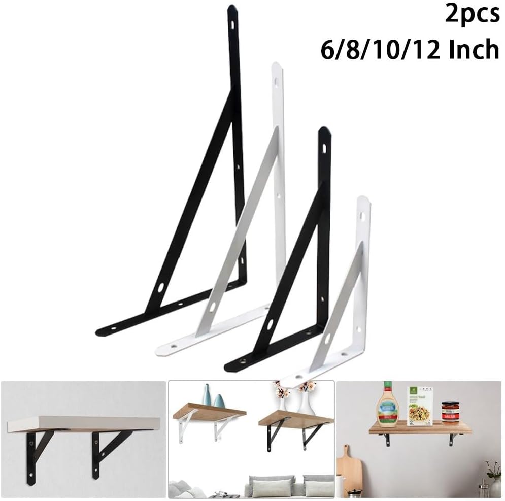 L Shape Shelf Brackets, Stainless Steel Corner Bracket, with 5mm Mounting Hole, for Bookshelves, Kitchen Shelves, Display Racks, and Gardening Racks, 2 Pcs(Black 8inch)