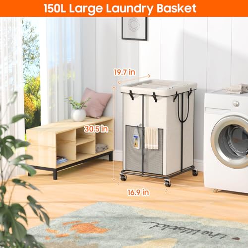 Image of 150L Laundry Hamper with Wheels, Rolling Laundry Basket with Metal Frame and Removable Bag, Large & Tall Dirty Clothes Hampers for Bedroom Aesthetic, Laundry Room, Bathroom, Dorm-White