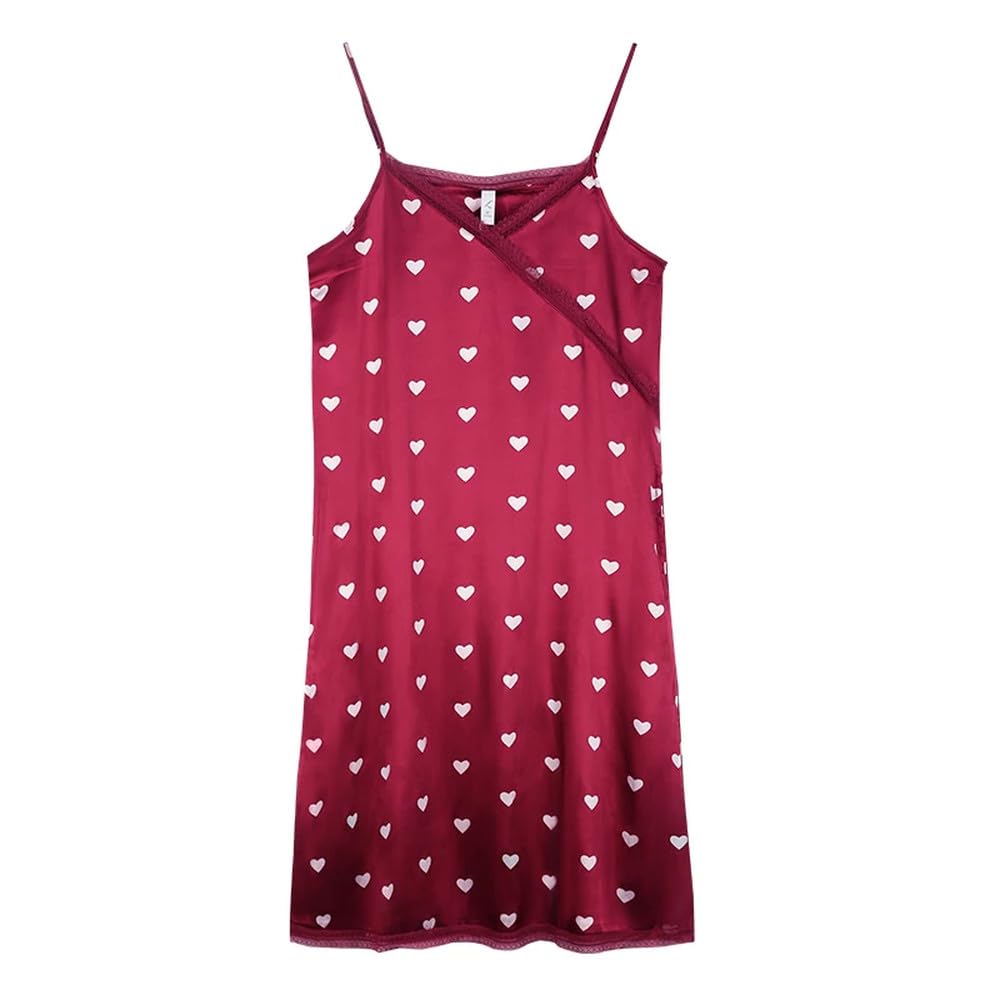 Camisón para Mujer - Verano Rojo Corazón Patrón Ropa De Dormir Mujeres Camisón Sin Mangas Mujeres Seda Satén Señoras Camisón Sexy Ropa De Dormir Sling Vestido para Casa