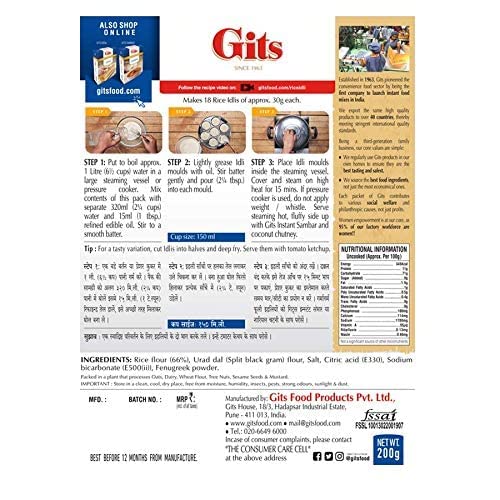 Image of Gits Instant Rice Idli Breakfast Mix, Pure Veg, Authentic South Indian Breakfast Recipe, 800g (Pack of 4 X 200g Each)