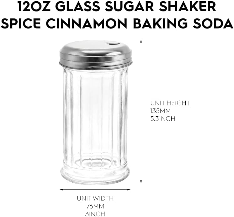 2 Pack 12oz 360ml Glass Sugar Dispenser Pourer Shaker with Pour-Flap Stainless Steel Screw-On Lid, Tabletop Clear Glass Shaker for Cheese, Salt, Pepper, Sugar, and Spices