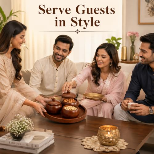 Image of Wooden Dry Fruit Serving Tray with 3 Lidded Bowls | Premium Sheesham Wood Snack Serving Set | Dry Fruit Container Set with Tray | Mukhwas Box | Chocolate & Candy Serving Tray | Handmade Gift