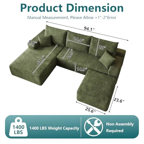 Image of 95 inch U-Shape Cloud Couch, Modern Modular Sectional L-Shape Sofa with Ottoman, Corduroy Upholstered Couches Deep Seat Sleeper Chaise Longue for Living Room, No Assembly Required(Green, Left Facing)