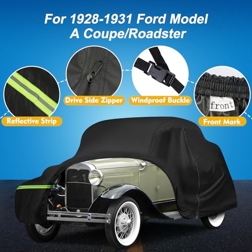 QUNSUNUS Waterproof Car Cover for Ford Model A Coupe/Roadster 1928-1931, All Weather Outdoor Car Covers with Zipper and Elastic Edges for Wind, Sun, UV and Dust Protection by Q QUNSUNUS - Image 2