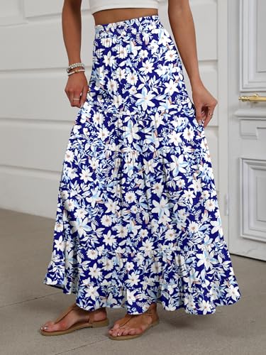 Image of ANRABESS Womens Maxi Skirt Elastic High Waist Swing Tiered A-line Flowy Pleated Boho Beach Vacation Long Skirts
