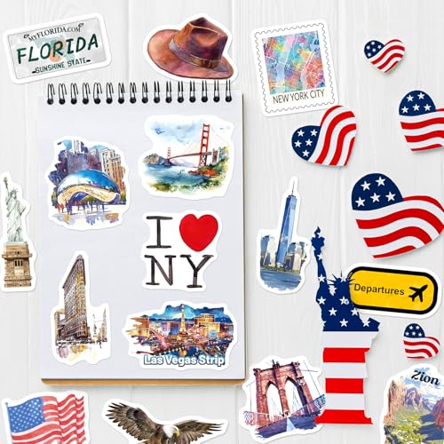zheyistep 200PCS US Travel Stickers USA State Stickers for Scrapbooking Laptop Luggage, Watercolor America City Iconic Landmark National Park Decals for Journal Water Bottle
