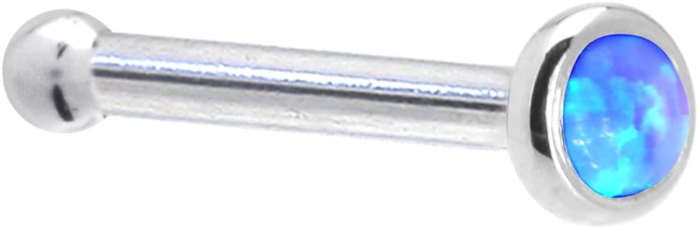Solid 14k White Gold 2mm Blue Synthetic Opal Nose Stud Bone 20 Gauge 1/4"