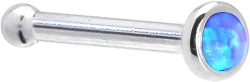 Sólido oro blanco de 14 quilates, 0.079 in, ópalo sintético azul, hueso de nariz, calibre 20, 14 pulgadas, Oro blanco, Ópalo creado