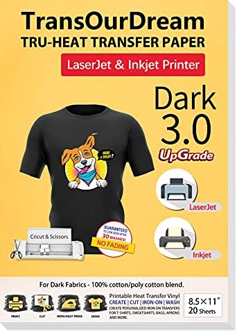 TransOurDream Iron on Heat Transfer Paper for Dark T Shirts (20 Sheets 8.5x11", Dark 3.0) Printable HTV Heat Transfer Vinyl for Inkjet & Laserjet Printer Iron On transfers for T Shirts (TRANS-D3-20)