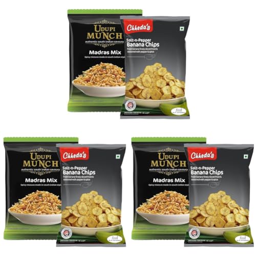 Image of Chheda's - Salt N Pepper Banana Chips (350 Gm) and Udupi Munch Madras Mix (300 Gm) | Banana Wafers | Indian Namkeen | Tasty Snacks | Ready to Eat - Combo Pack (Pack of 3)