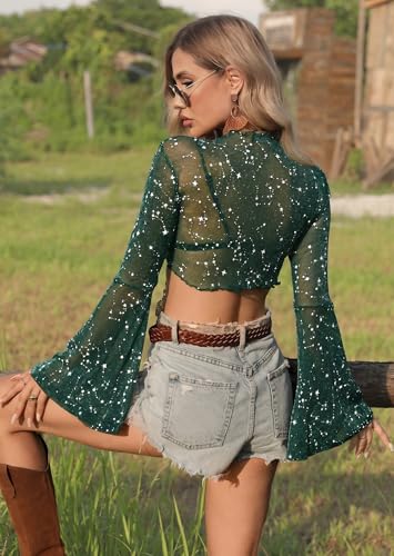 Image of Women Tie Front Bell Sleeve Rave Crop Tops Floral Print Hippie Mesh Sheer Shirt