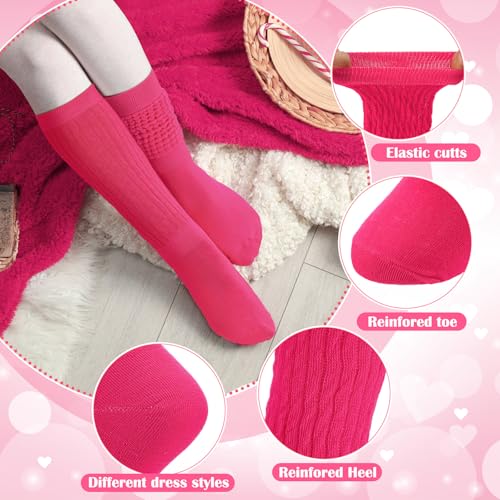 6 Pairs Pink Slouch Socks for Women Knee High Tube Long Hosiery 80s 90s Hot Pink Neon Scrunch Breathable Socks for Summer Outdoor Sports Birthday Gifts for Mother Sister4