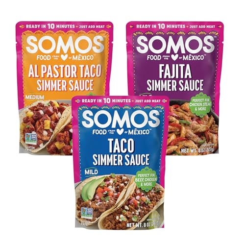 Image of SOMOS Variety Simmer Sauce - 1 Taco Pouch + 1 Pastor Pouch + 1 Fajita Pouchs - Gluten Free - Plant Based - Non-GMO - All Natural - Perfect for Steak, Chicken, & More - 8oz (3 Pack)
