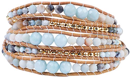 Chan Luu Matte Multi Amazonite Mix Of Semi Precious Stones And Nuggets Tan Leather Wrap Bracelet #TOP22