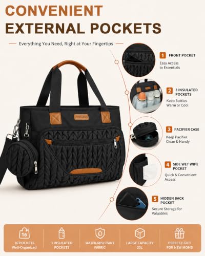 Image of FHELAD Diaper Bag Tote for Women, Baby Diaper Bag 16L (Obsidian Black) | 5 Insulated Pockets, Changing Pad, Pacifier Case, Stroller Clip, 15.6 Inch Laptop Compartment, Detachable Shoulder Strap