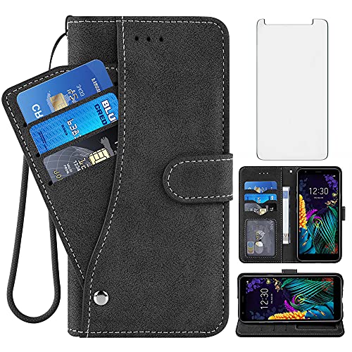 Compatible with LG Aristo 4 Plus 4+/Tribute Royal X320/Escape Plus/Journey LTE L322DL/K30 2019/Arena 2/X2/Prime 2 Wallet Phone Case Tempered Glass Screen Protector Cover Card Holder for K 30 30K Black