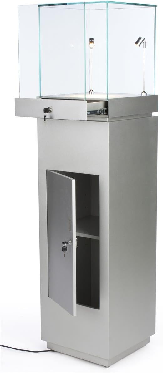 Glass Display Case for Floor, Includes 2 Spotlights, Enclosed Cabinet (Silver)