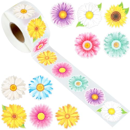 gisgfim Flower Sticker Glitter Roll Spring Daisy Sunflower Self-Adhesive Stickers Floral Stickers Spring Party Decoration Labels Flower Roll for Scrapbook Envelope Water Bottle Supplies, 500Pcs