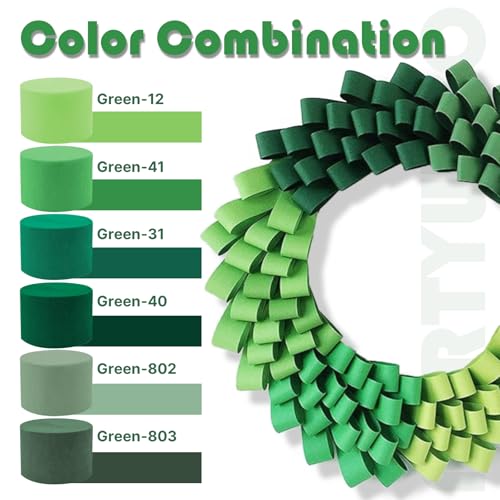 Image of PartyWoo Sage Green Crepe Paper Streamers 6 Rolls 492 ft Pack of Hunter Sage Green Gold Sand White Crepe Paper for Jungle Safari Graduation Birthday Party Decorations (1.8 Inch x 82 Ft /Roll)