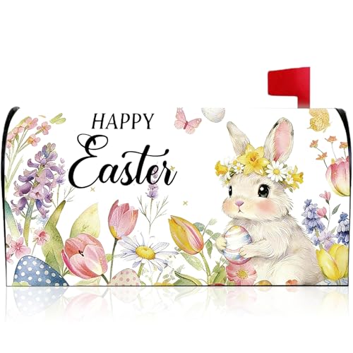 Easter Mailbox Covers Magnetic Standard Size, Cute Bunny Floral Mail Box Cover with Magnet, Rabbit Eggs Post Letter Box Covers for Easter Spring Holiday Outdoor Garden Yard Home Decoration 21\"x18\"