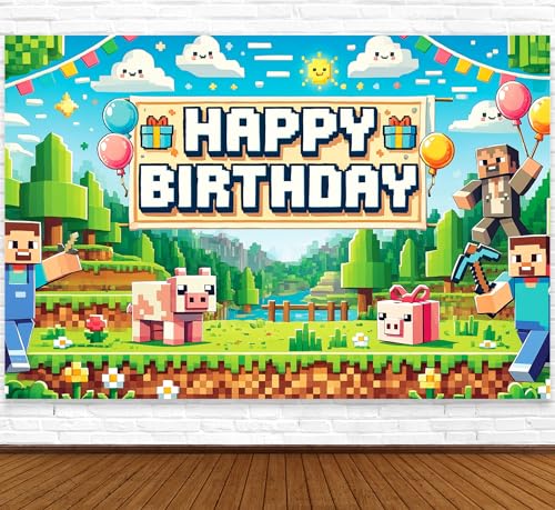Pixel Backdrop Happy Birthday Banner Boy 5x3ft Miner Bday Sign Vi...