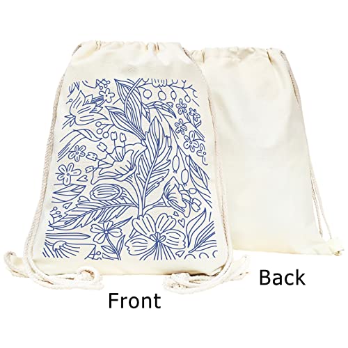 Mositu Floral Leaf Drawstring Backpack Aesthetic Drawstring Bag For Women Blue Flower Cotton Canvas Backpack Sport Gym Draw String Bag Beach Sack Bag Travel Sackpack Bag #TOP1