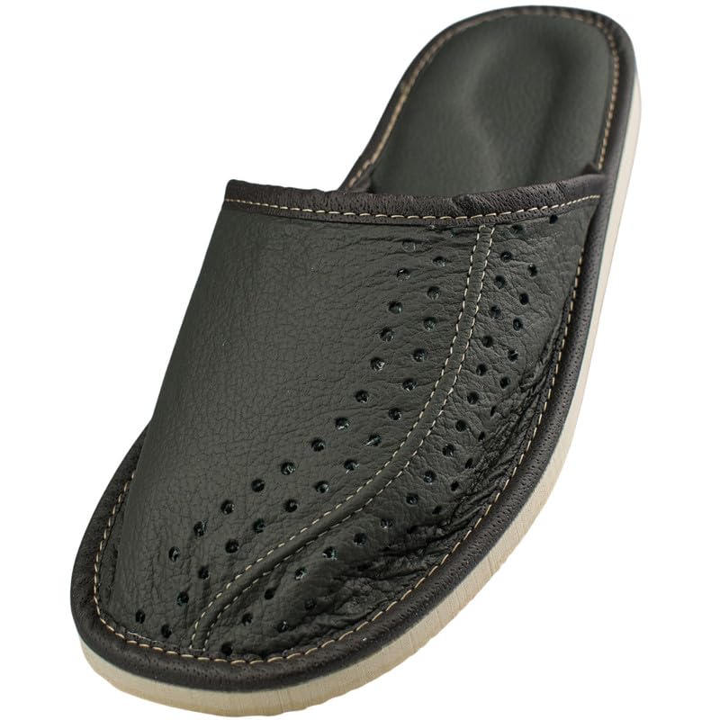 APREGGIO Offene Herren Hausschuhe Leder Slip-On 40/46 | Lochmuster, gepolstertes Fußbett, Synthetiksohle, rutschfest, Slip-On