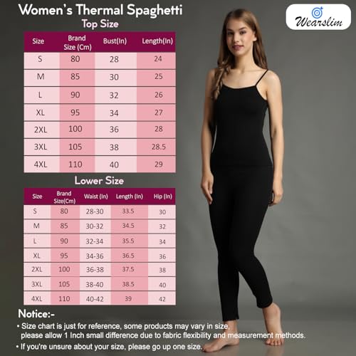 Image of Wearslim Women's Cotton Quilted Winter Lightweight Thermal Underwear, Long Johns Bottom and Spaghetti Set with Fleece Lined Soft Warmer