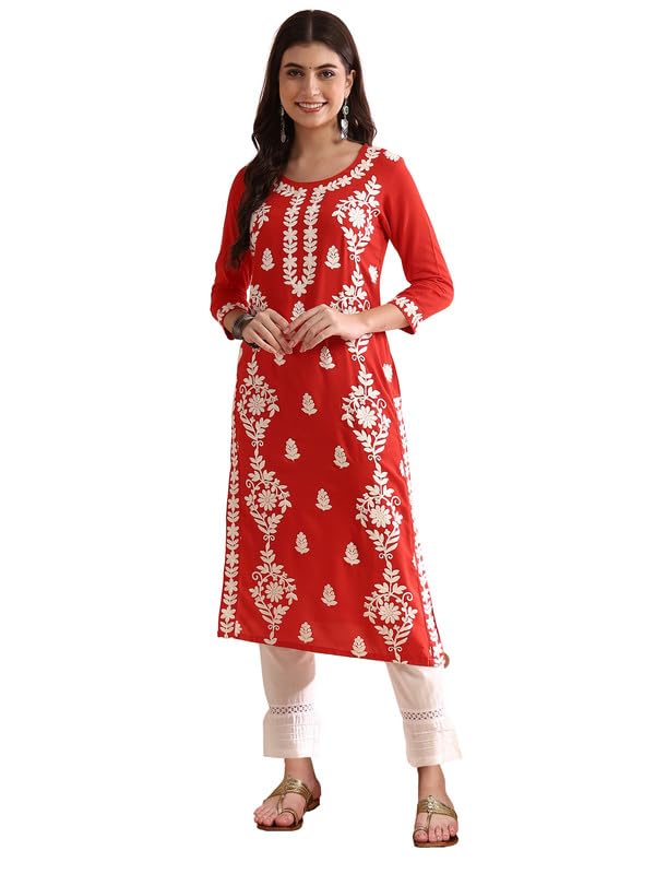 Image of Vaamsi Women's Viscose Rayon Solid Embroidered Straight Kurta | Chikankari Kurta for Women