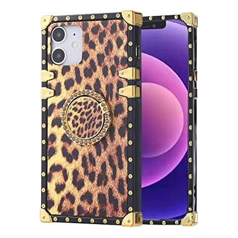 Reaky Leopard Case for iPhone 12 with Ring Kickstand Square Leopard iPhone Case Luxury Cheetah Print Phone Case Shockproof Soft TPU Protective Phone Cover Case Cover